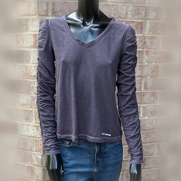 DKNY Ruched Long Sleeve Puffed Shoulders V-Neck Top SzS - Picture 1 of 11